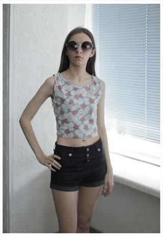 VINTAGE 90'S MULTICOLOR FLOWER PRINT SLEEVELESS CROPPED TOP