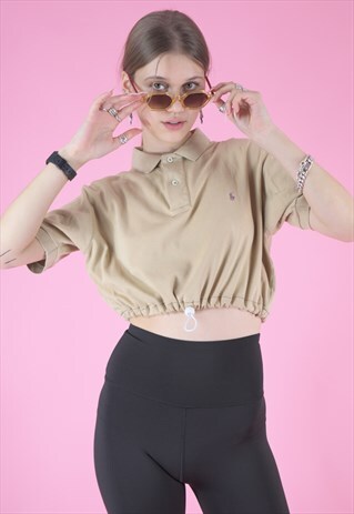 VINTAGE REWORKED RALPH LAUREN CROP TOP POLO SHIRT IN BEIGE
