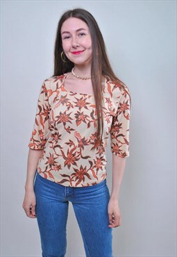 Vintage floral print blouse, 80s retro women beige shirt 