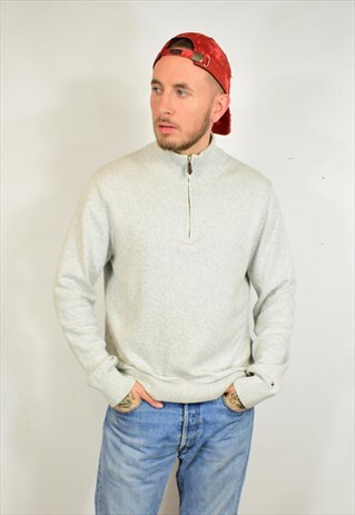 VINTAGE TOMMY HILFIGER PREMIUM COTTON GREY ZIP JUMPER