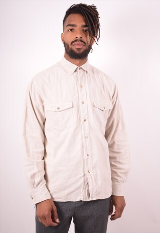 MENS VINTAGE CORDUROY SHIRT SMALL BEIGE 90S