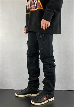 Black Levis 501 Distressed Paint Jeans Mens Straight Fit