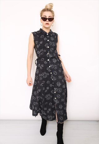 VINTAGE 90S BLACK FLORAL BUTTON MIDI DRESS