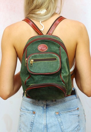 1990S VINTAGE GREEN AND BROWN REAL LEATHER BACKPACK