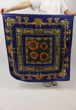 VINTAGE SUNFLOWER PATTERNED BLUE SCARF