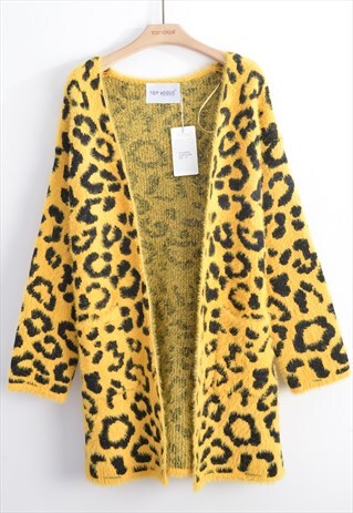 LONG RELAXED FIT CARDIGAN IN YELLOW LEOPARD PRINT