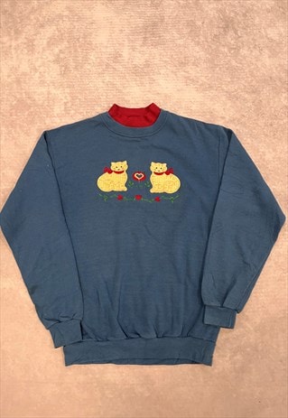 VINTAGE SWEATSHIRT CUTE EMBROIDERED CATS PATTERNED JUMPER