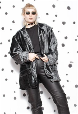 90s vintage boho grunge crushed velvet silver blazer coat