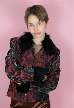 whimsygoth fluffy cuffs faux fur red black silky jacket 