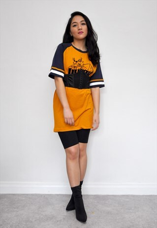 MUSTARD YELLOW AND NAVY STRIPE RAGLAN GRAPHIC T-SHIRT