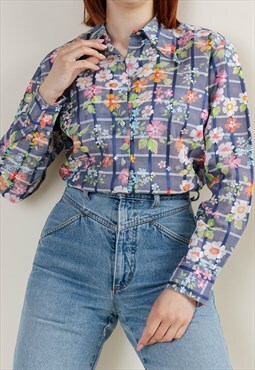 Vintage Relaxed Fit Long Sleeve Checkered Floral Shirt M