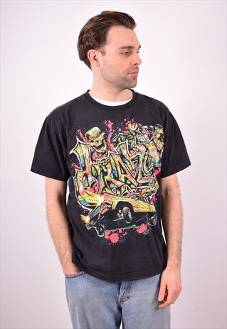 MENS VINTAGE T-SHIRT TOP LARGE BLACK 90S