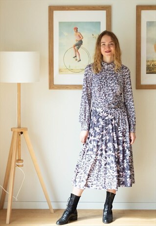 Purple and grey floral midi belted dress