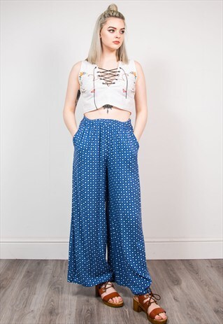 VINTAGE BLUE PATTERNED WIDE LEG SUMMER TROUSERS
