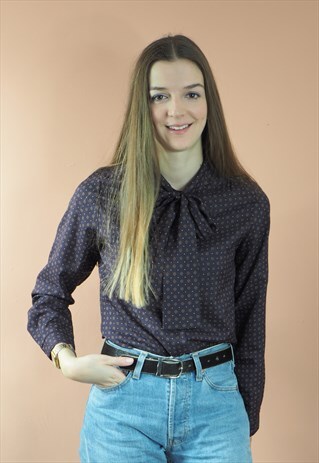 VINTAGE PURPLE PRINT PUSSY BOW BLOUSE