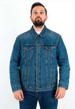 Vintage XL Men Denim Jean Trucker Jacket Coat Faux Fur Top