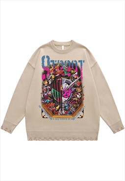 Robot sweater knitted anime jumper ripped top in beige