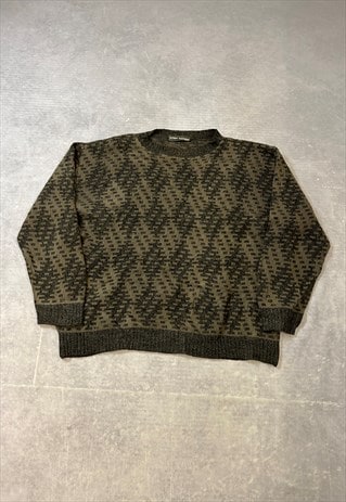 VINTAGE KNITTED JUMPER ABSTRACT PATTERNED GRANDAD SWEATER