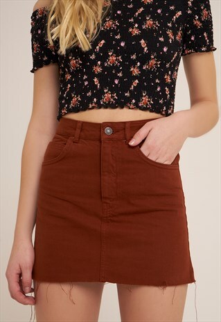 SUBDUED BROWN RAW EDGED DENIM SKIRT