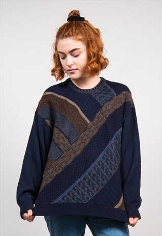 VINTAGE 90'S DARK BLUE GRANDAD GRUNGE KNIT JUMPER