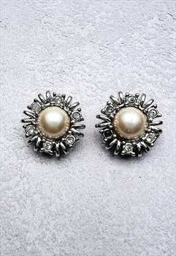 Christian Dior Earrings Authentic Silver Crystal Pearl 