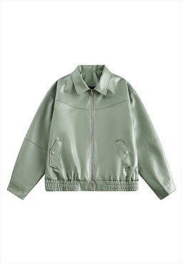 Faux leather varsity jacket PU utility bomber in mint green