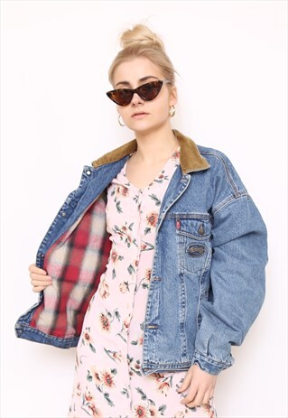 VINTAGE 90S BLUE DENIM OVERSIZED CHECK LINED JACKET
