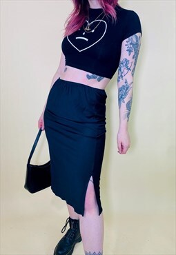 Vintage 00s Y2K 90s Black Satin Lace Detail Midi Skirt
