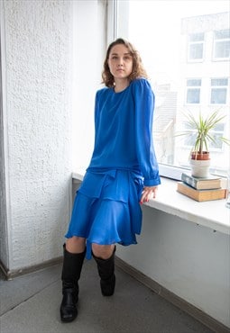 Vintage 70's Blue Long Sleeved Midi Dress