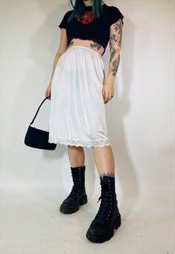 Vintage 90s 00s Y2K Satin Lace White Midi Grunge Skirt