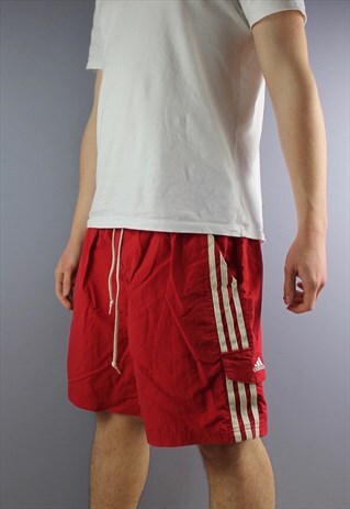 VINTAGE ADIDAS SHORTS IN RED WITH POCKETS, EMBROIDERED LOGO