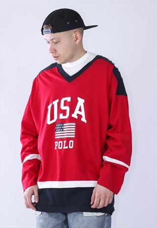VINTAGE MENS POLO SPORT BIG LOGO USA HOCKEY TOP JERSEY