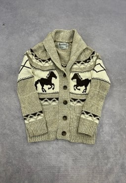Vintage Abstract Knitted Cardigan Horse Patterned Sweater
