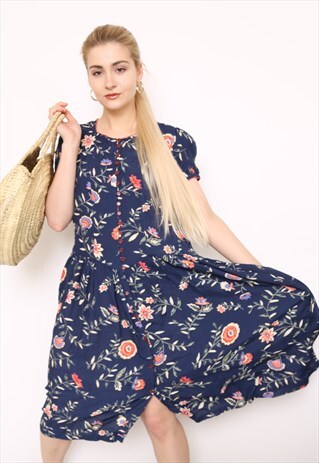 VINTAGE 90S NAVY FLORAL BUTTON MIDI DRESS