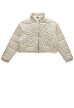 Cropped bomber jacket retro butterfly puffer in cream