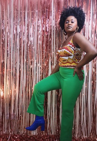 1970S CANDY GREEN RIBBED FLARED TROUSERS BY SLIMMA