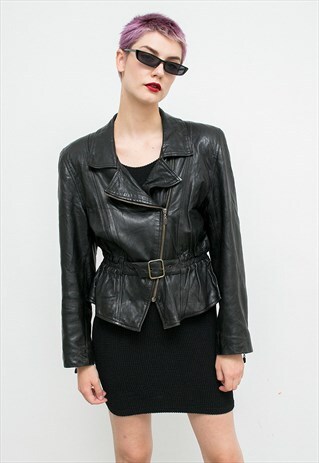 VINTAGE BLACK LEATHER BIKER JACKET BELT GRUNGE LOOK ROCKER