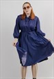 VINTAGE LONG SLEEVE TIE NECK MIDI DRESS IN POLKA DOT PRINT L