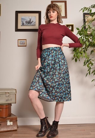 VINTAGE FLORAL PATTERNED ELASTICATED MIDI SKIRT