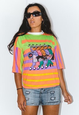 Vintage 90s Fluo Striped Graphic Tshirt