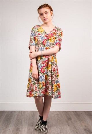 VINTAGE 90'S MULTICOLOUR FLORAL PATTERN SUMMER MIDI DRESS
