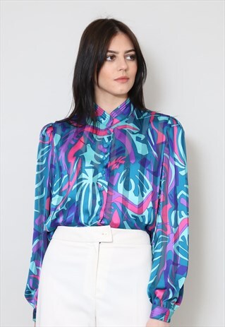 80'S VINTAGE LADIES BLOUSE FINK MODELL BLUE PURPLE TOP