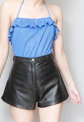 VINTAGE 1990'S BLUE STRIPE HALTER NECK RUFFLE BODY