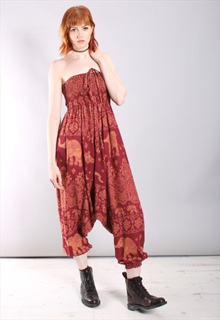 VINTAGE 90S BOHO GYPSY ELEPHANT PRINT HAREM PANT JUMPSUIT