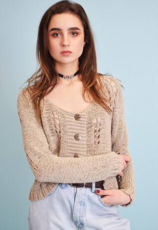 90'S RETRO KNIT SHEER NEUTRAL MOMS CARDIGAN TOP