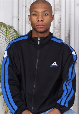VINTAGE ADIDAS LOGO THREE STRIPE TRACK JACKET BLACK BLUE