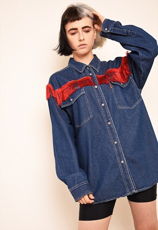 90'S RETRO FRINGED WESTERN DENIM OVERSIZED SHIRT TOP