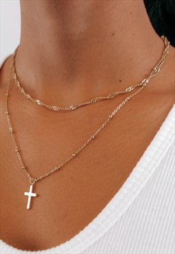 Layered 18k Gold Plated Cross Curb Link Bead Mix Necklace