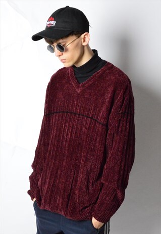 VINTAGE 90S BURGUNDY V-NECK VELVETY JUMPER