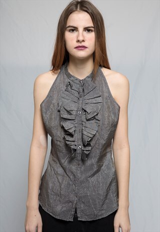 SHINY LUREX METALLIC GREY BOW FRILL SHIRT